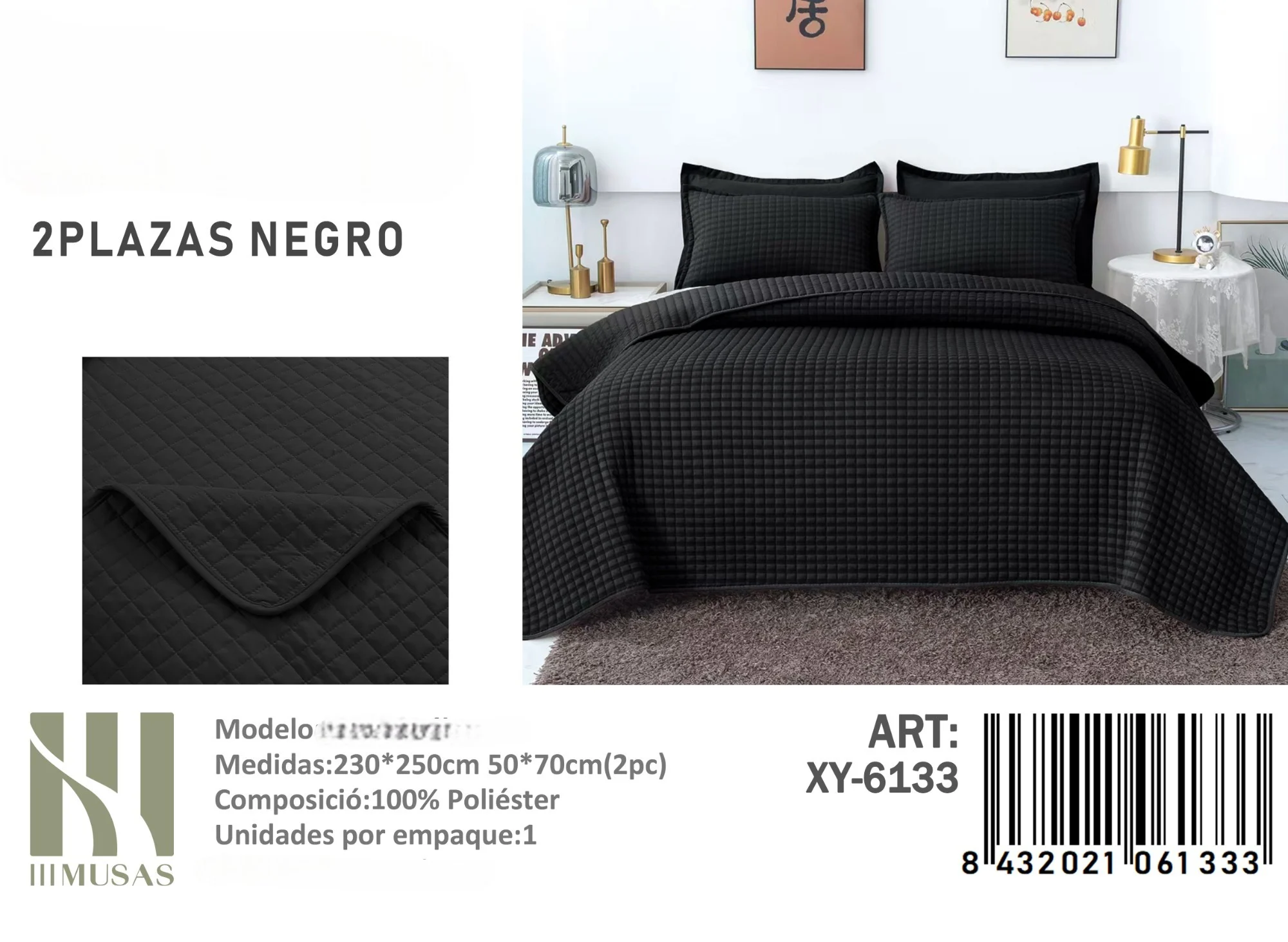 6133-Photoroom.webp Cubrecama Quilt de Verano 2 Plazas Texturizado Negro XY-6133 - Imagen 1