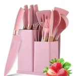 Juego Utensilios Silicona Con Soporte Madera 19 Piezas Color Rosado