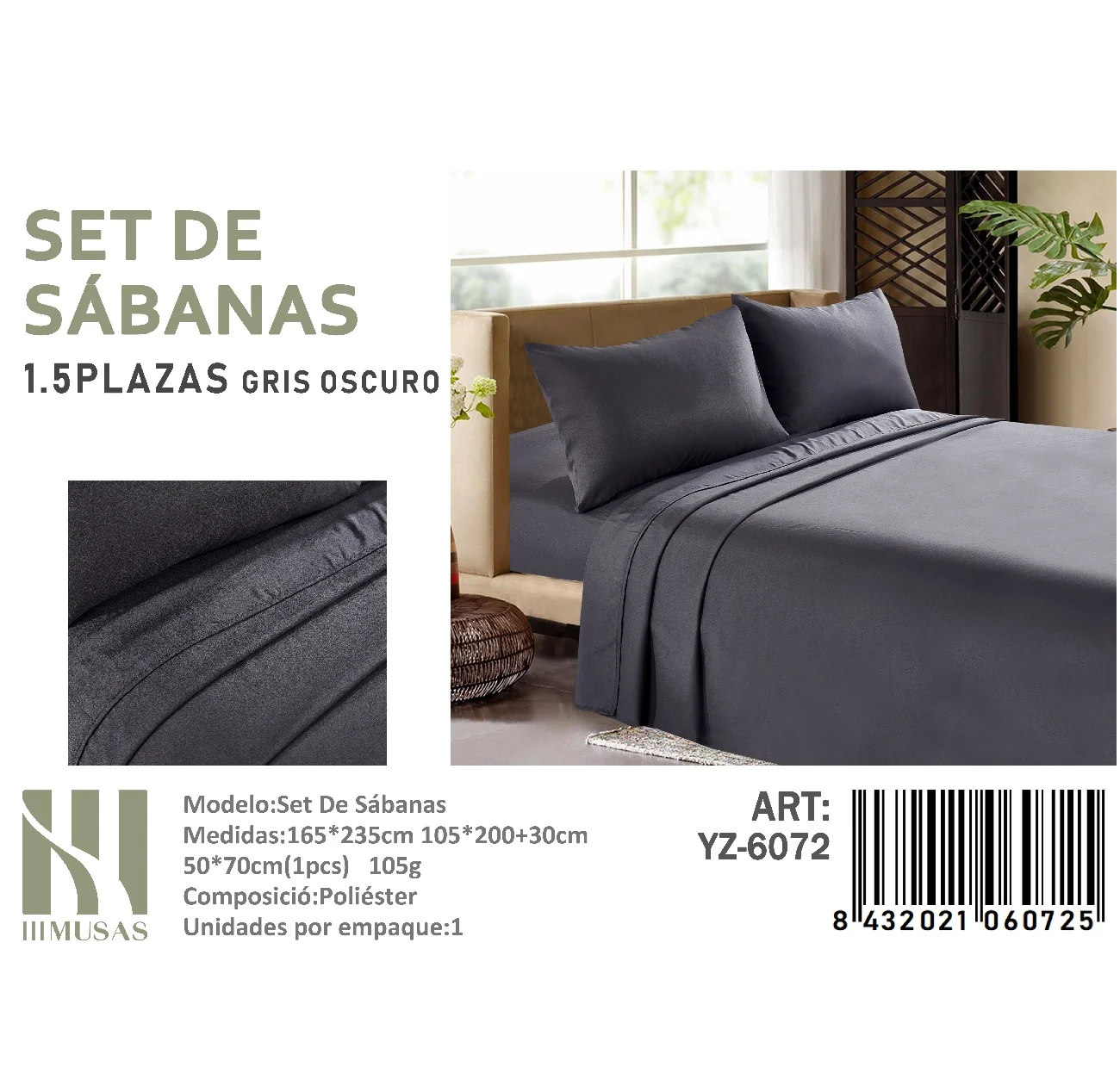 Set-De-Sabanas-Plaza-y-Media-Color-Gris-Oscuro-200-hilos-YZ-6072.webp Set De Sabanas Plaza y Media Gris 200 hilos + 1 Funda De Almohada - Imagen 1