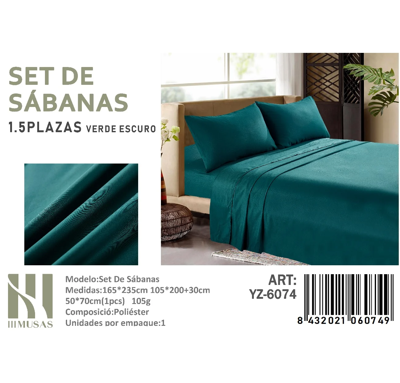 Set-De-Sabanas-Plaza-y-Media-Color-Verde-Oscuro-200-hilos-YZ-6074.webp Set De Sabanas Plaza y Media Verde 200 hilos + 1 Funda De Almohada - Imagen 1