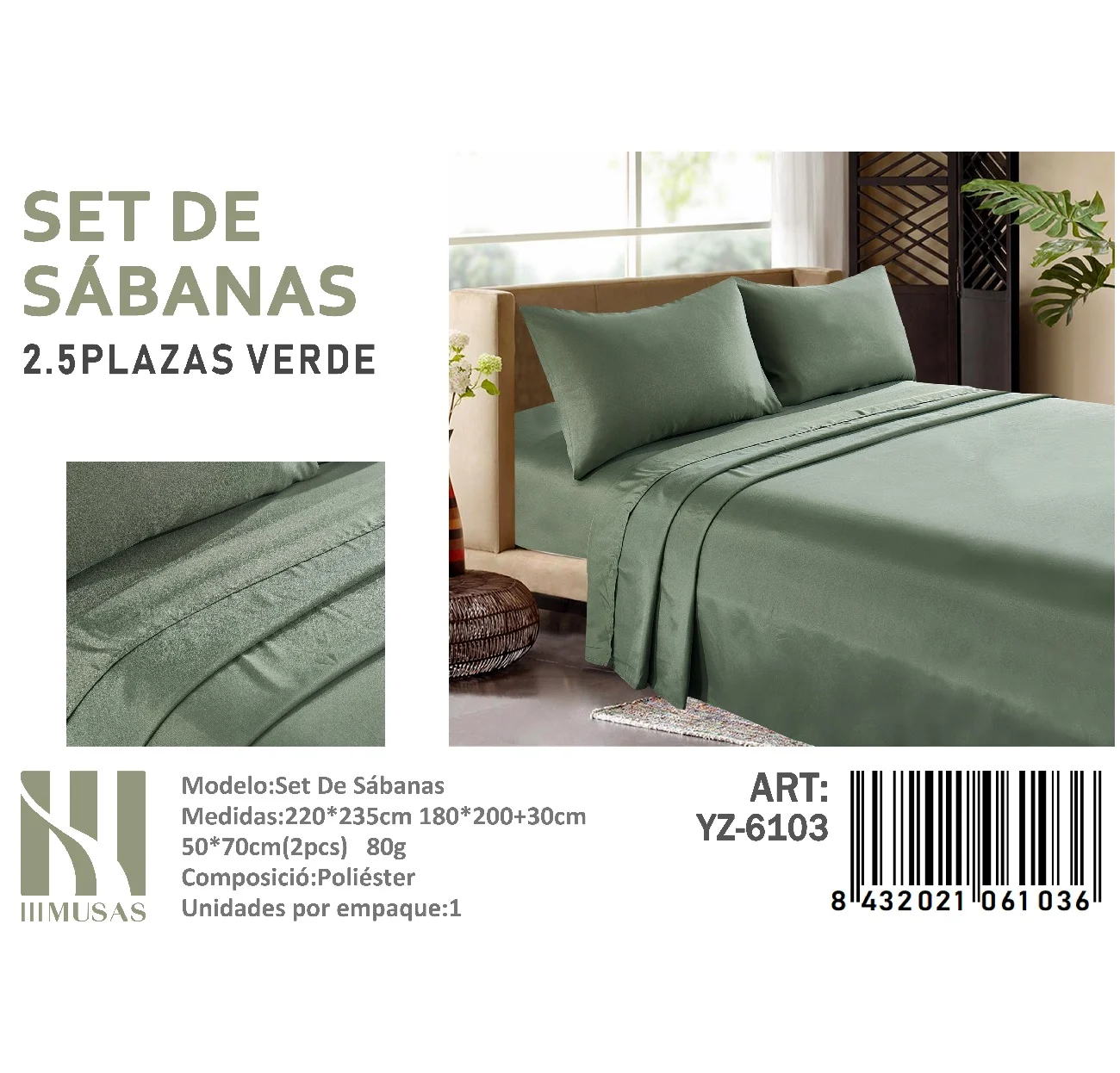 Set-de-Sabanas-150-Hilos-King-Color-Verde-YZ-6103.webp Set De Sabanas King Color Verde 150 Hilos + 2 Funda De Almohada - Imagen 1