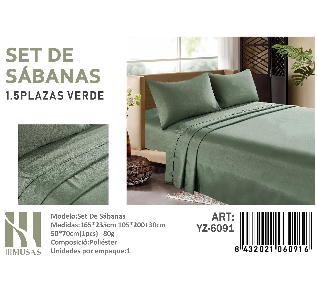 Set-de-Sabanas-150-Hilos-Plaza-y-media-Color-Verde-YZ-6091.webp Set De Sabanas Plaza y Media Verde 150 Hilos + 1 Funda De Almohada - Imagen 1