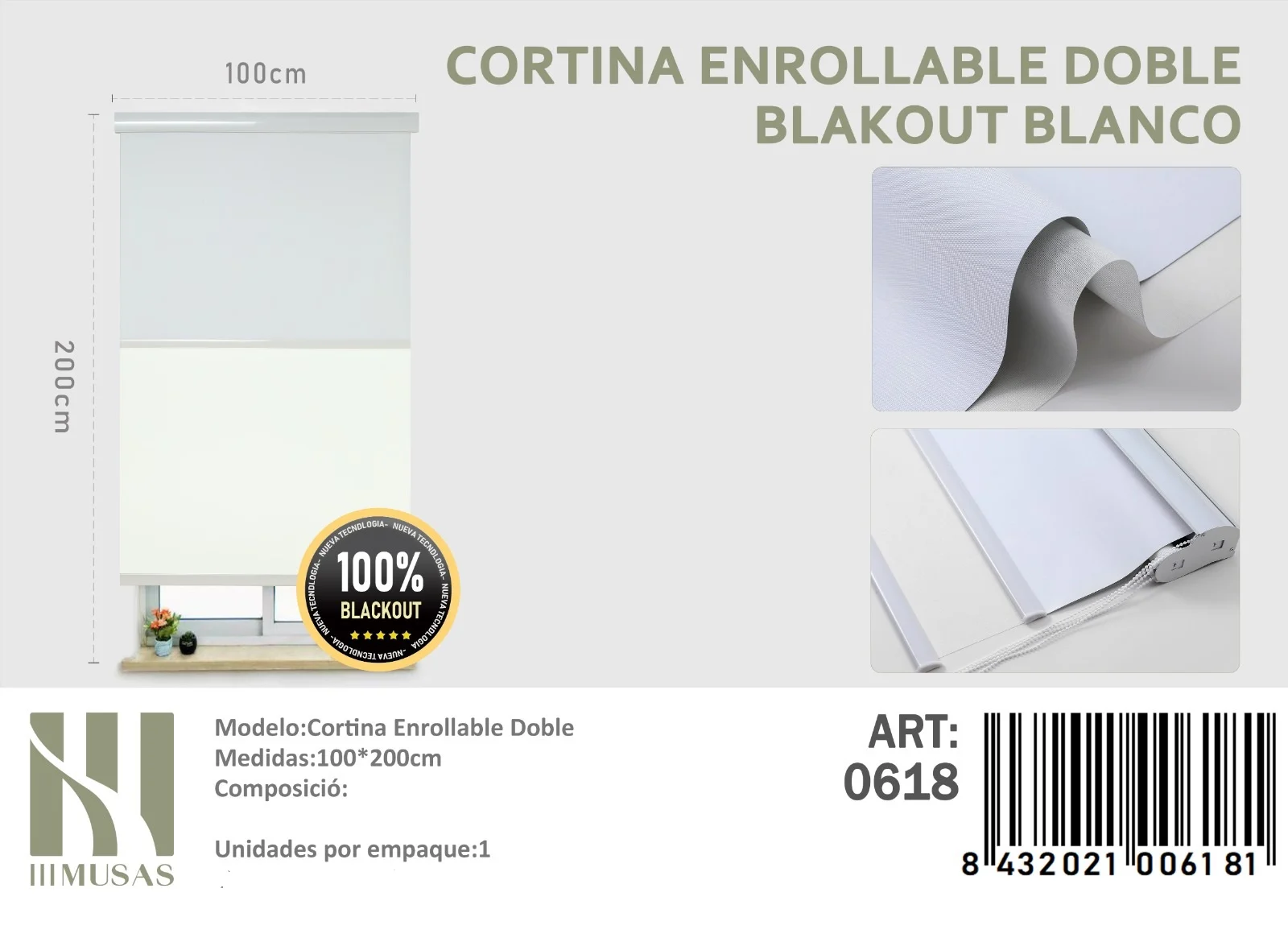 cortina-roller-Blackout-Doble-Blanco-100x200-cm.webp Cortinas Roller Blackout Doble 100cm x 200cm Blanco 0618 - Imagen 1