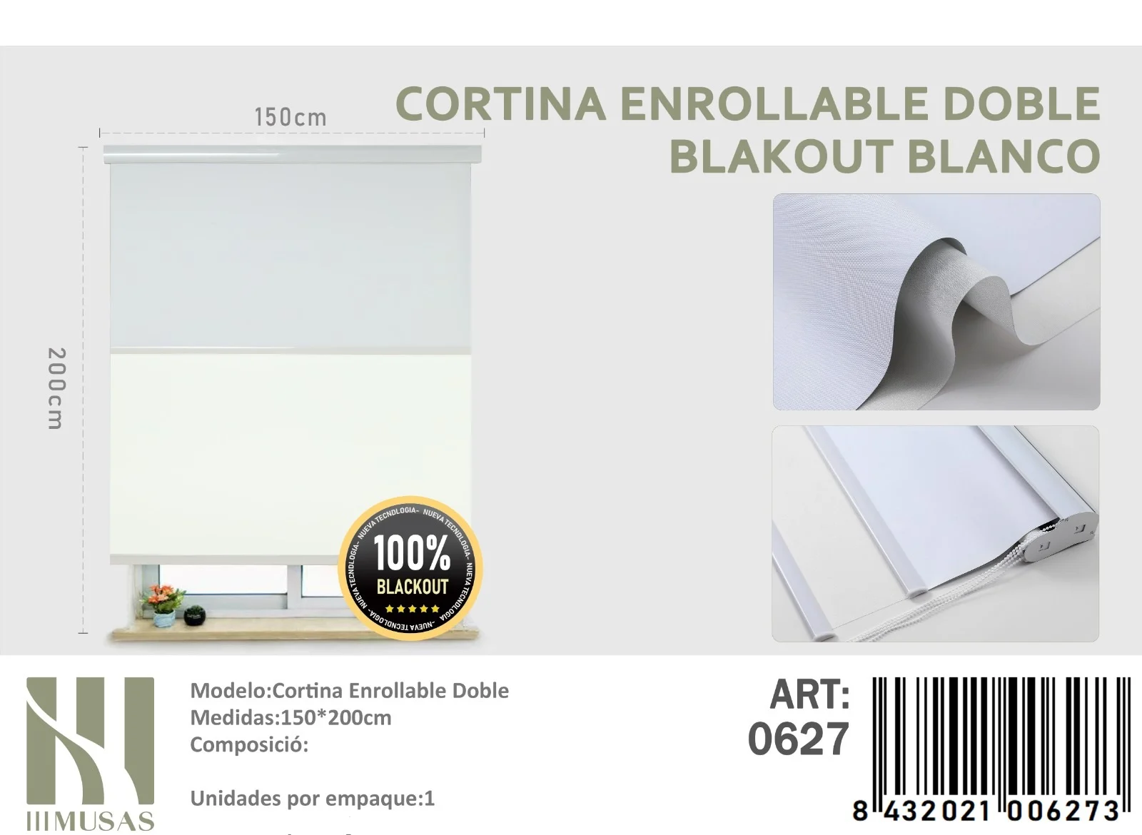 cortina-roller-Blackout-Doble-Blanco-150x200-cm.webp Cortinas Roller Blackout Doble 150cm x 200cm Blanco 0627 - Imagen 1