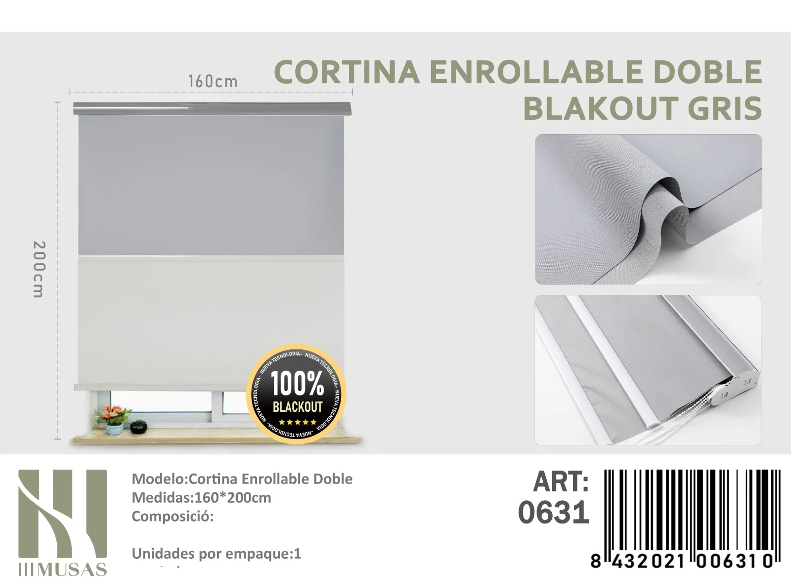 cortina-roller-Blackout-Doble-Gris-160x200-cm.webp Cortinas Roller Blackout Doble 160cm x 200cm Gris 0631 - Imagen 1