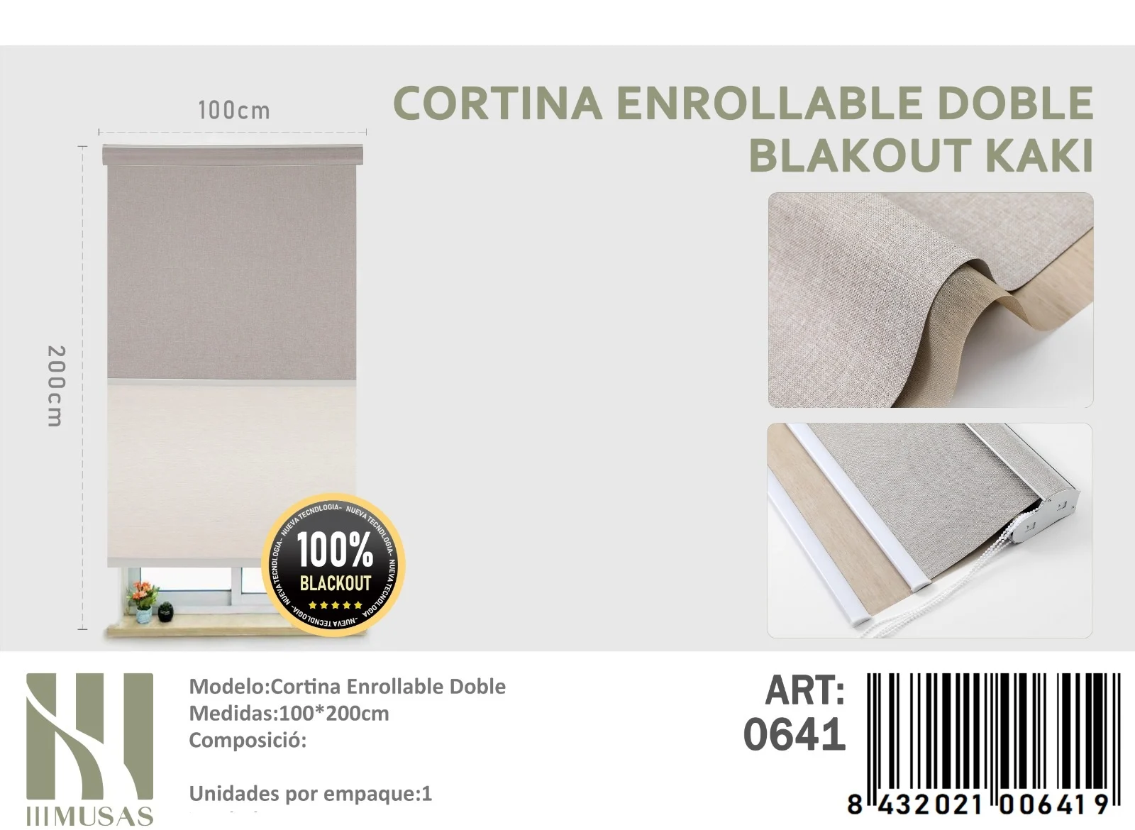 cortina-roller-Blackout-Doble-Kaki-jaspeados-100x200-cm.webp Cortinas Roller Blackout Doble Jaspeada 100cm x 200cm Kaki 0641 - Imagen 1