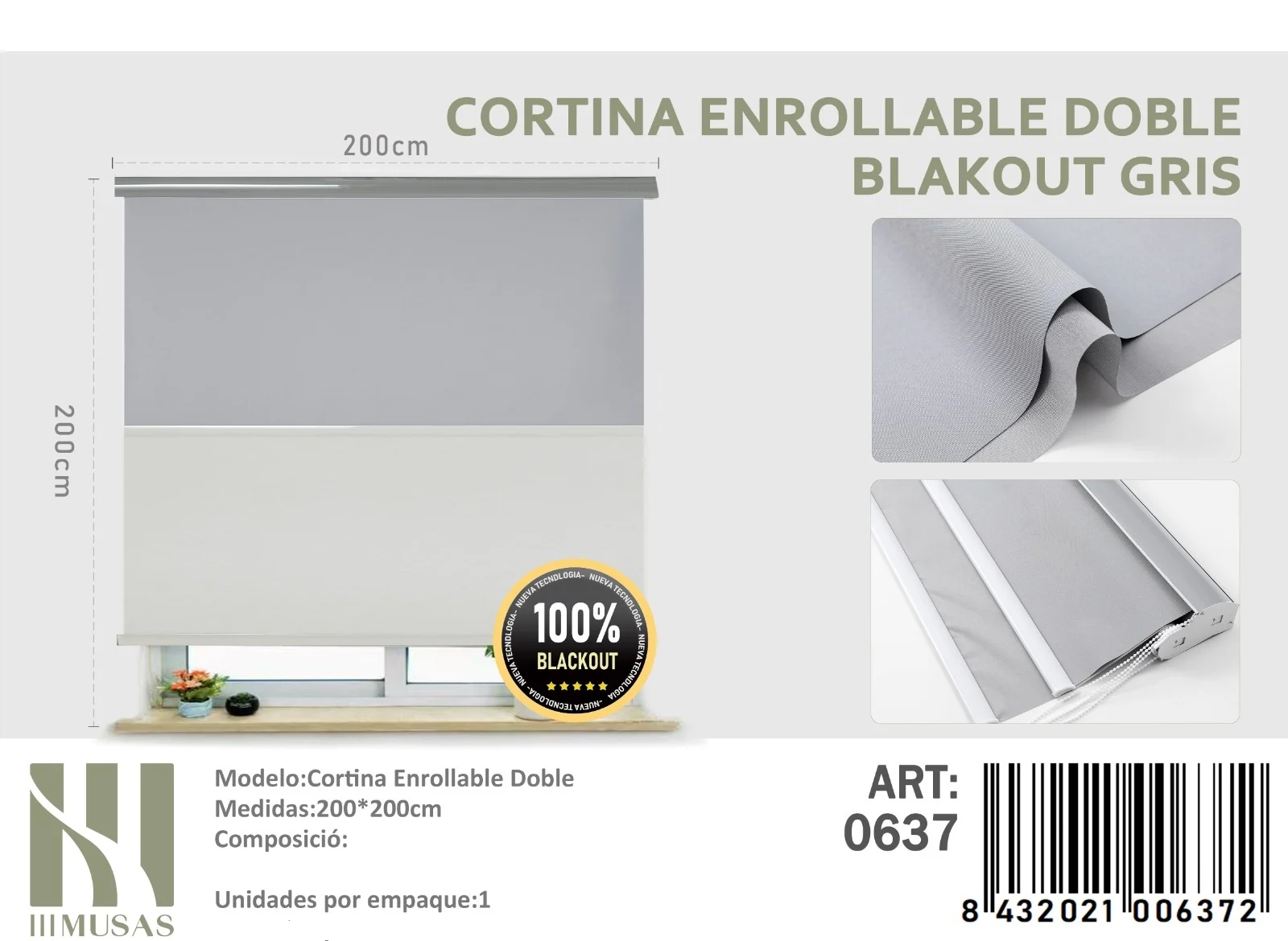 cortina-roller-Blackout-Doble-gris-200x200-cm.webp Cortinas Roller Blackout Doble 200cm x 200cm Blanco 0637 - Imagen 1