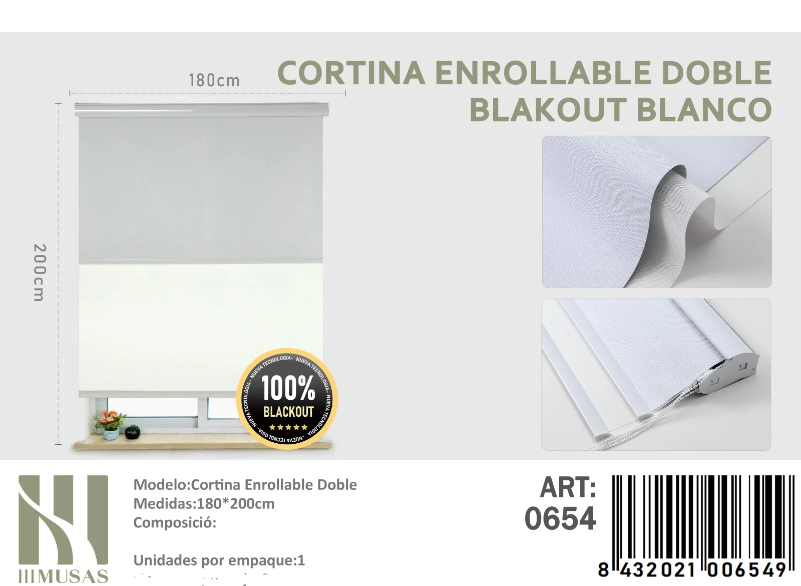 cortina-roller-Blackout-Doble-jaspeada-Blanco-180x200-cm.webp Cortinas Roller Blackout Doble Jaspeada 180cm x 200cm Blanco 0654 - Imagen 1