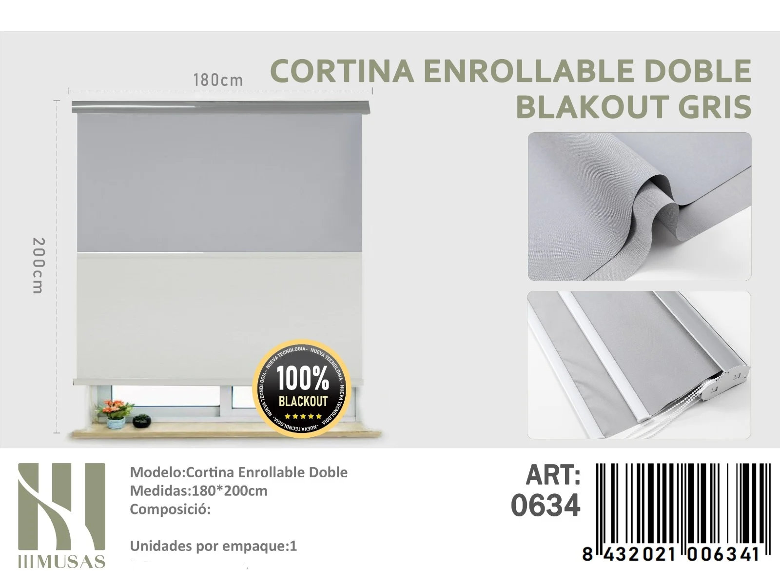 cortina roller Blackout Doble Gris 180×200 cm Cortinas Roller Blackout Doble 180cm x 200cm Grisv 0634 - Imagen 1