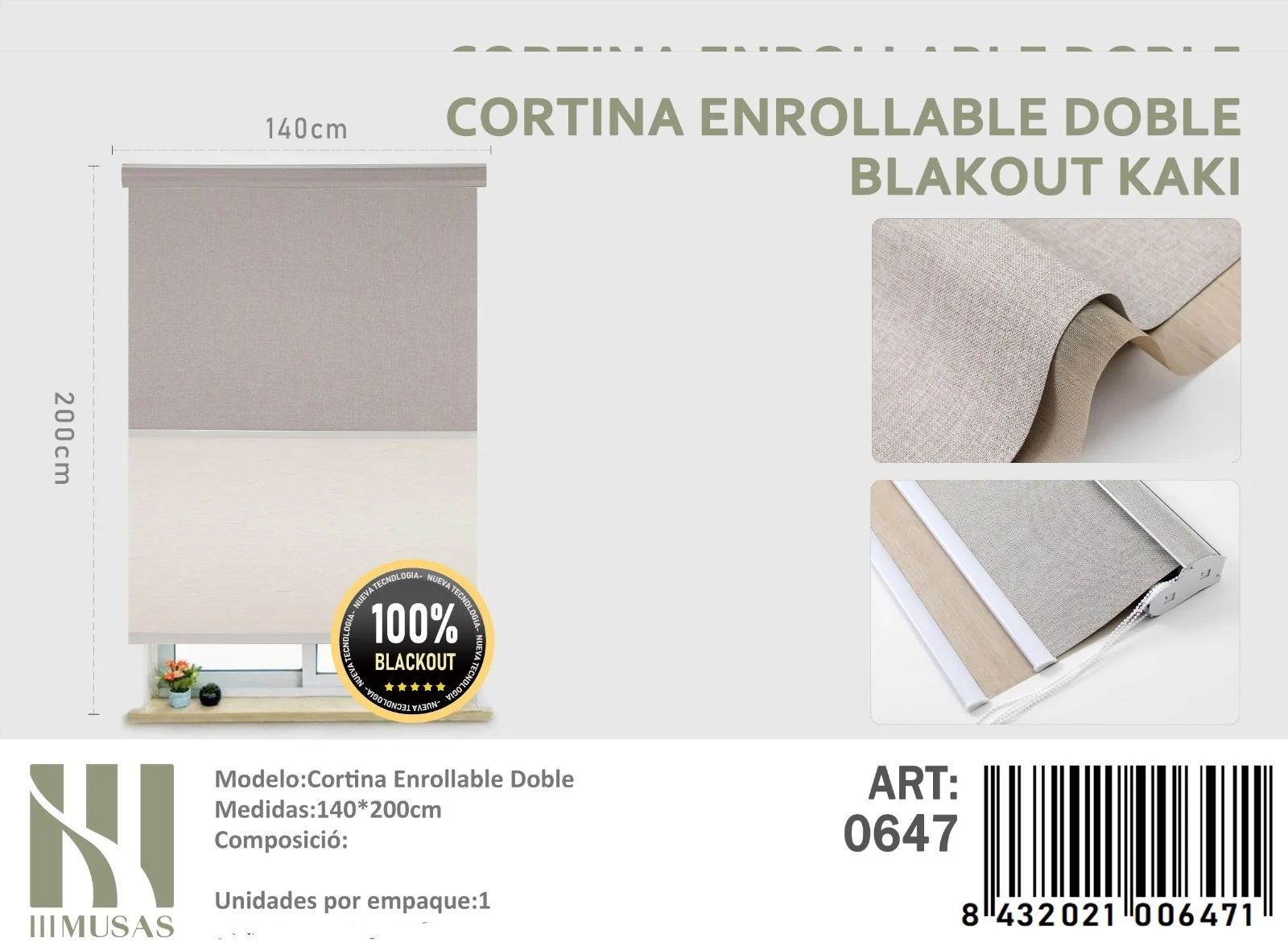 cortina roller Blackout Doble Kaki Jaspeada 140×200 cm Cortinas Roller Blackout Doble Jaspeada 140cm x 200cm Kaki 0647 - Imagen 1