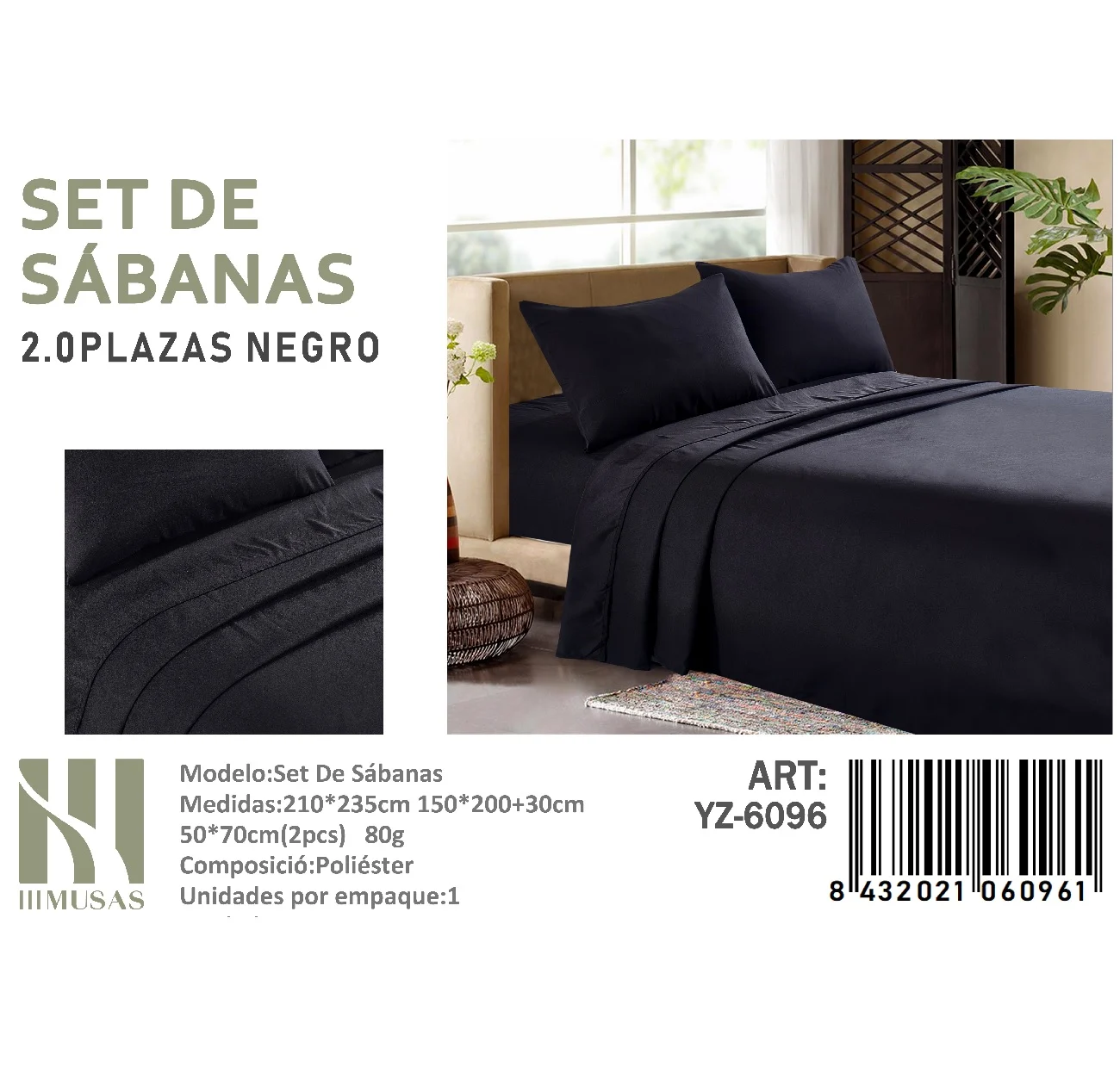 Set de Sabanas 150 Hilos 2 Plazas Color Negro YZ-6096 Set De Sabanas 2 Plazas Color Negro 150 Hilos + 2 Funda De Almohada (copia) - Imagen 1