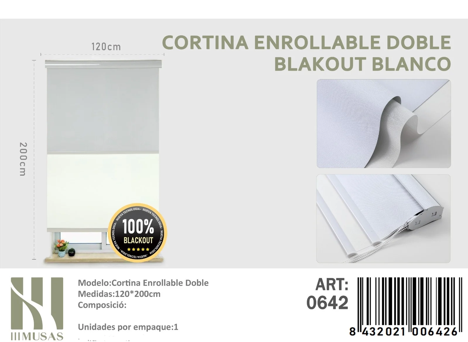 cortina roller Blackout Doble Blanco jaspeado 120×200 cm Cortinas Roller Blackout Doble Jaspeada 120cm x 200cm Blanco 0642 - Imagen 1