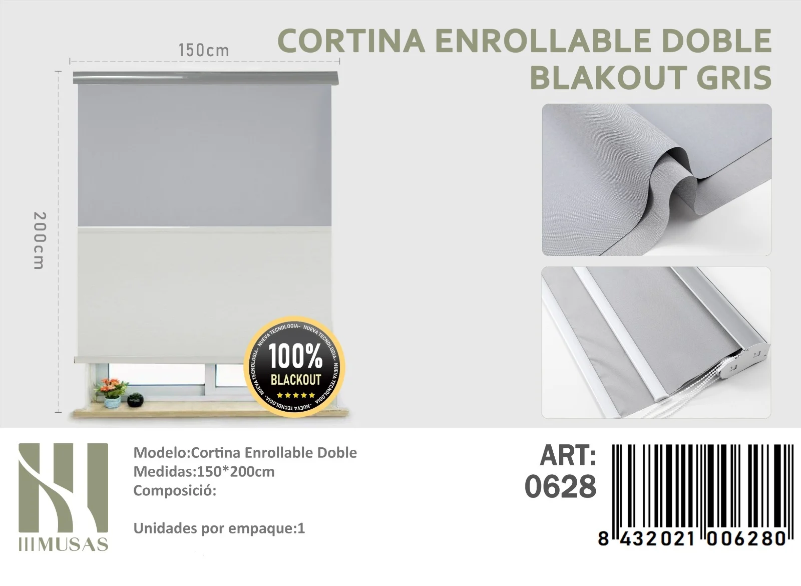 cortina roller Blackout Doble Gris 150×200 cm Cortinas Roller Blackout Doble 150cm x 200cm Gris 0625 - Angeles del Hogar Chile