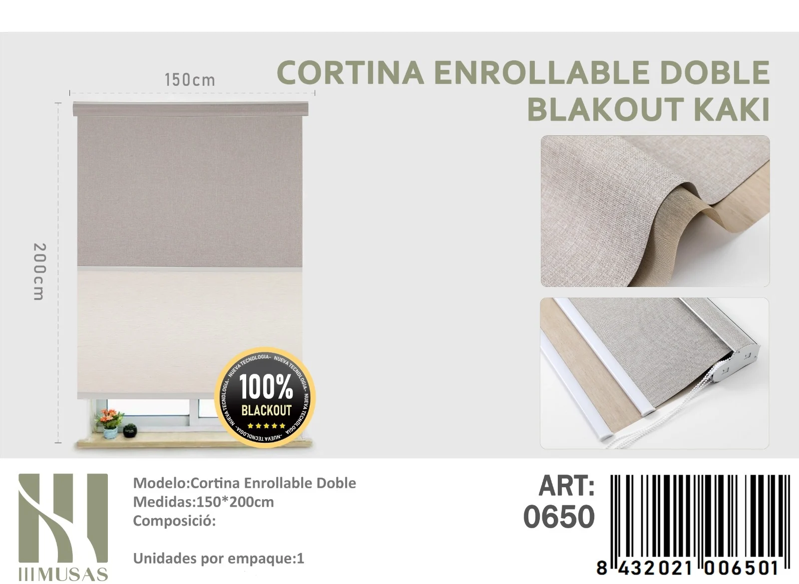 cortina roller Blackout Doble Kaki jaspeada 150×200 cm Cortinas Roller Blackout Doble Jaspeada 150cm x 200cm Kaki 0650 - Angeles del Hogar Chile