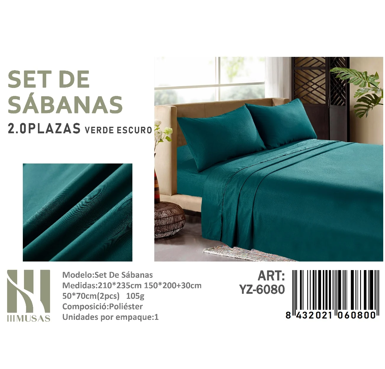 Set De Sabanas 2 Plazas Color Verde Oscuro 200 hilos YZ-6080 Set De Sabanas 2 Plazas Verde 200 Hilos + 2 Funda De Almohada - Angeles del Hogar Chile