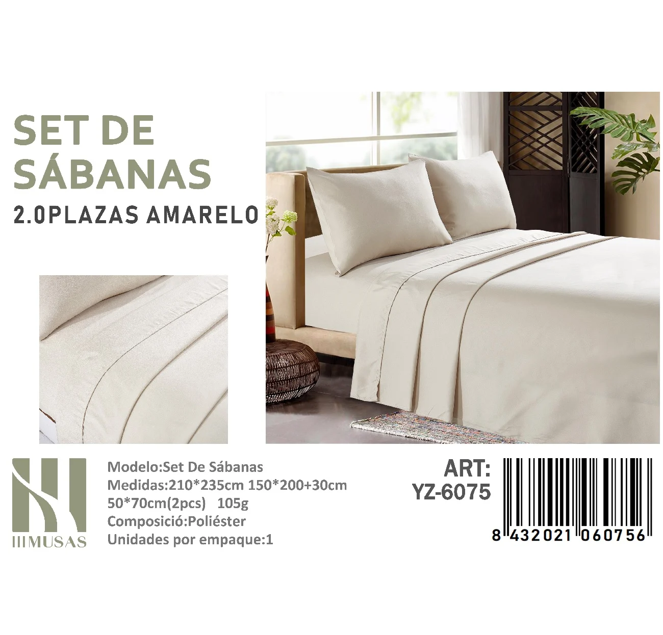 Set De Sabanas 2 Plazas Color Amarelo 200 hilos YZ-6075 Set De Sabanas 2 Plazas Beige 200 Hilos + 2 Funda De Almohada - Angeles del Hogar Chile