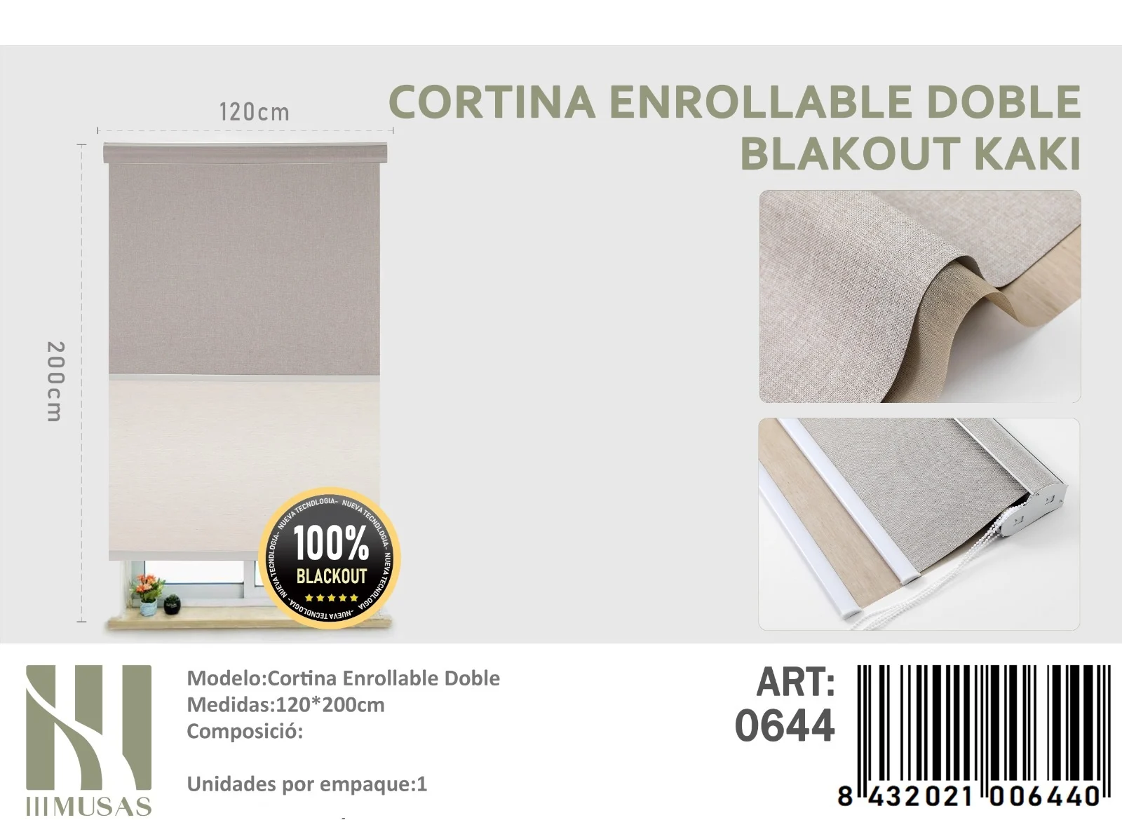 cortina roller Blackout Doble Kaki jaspeada 120×200 cm Cortinas Roller Blackout Doble Jaspeada 120cm x 200cm Kaki 0644 - Angeles del Hogar Chile