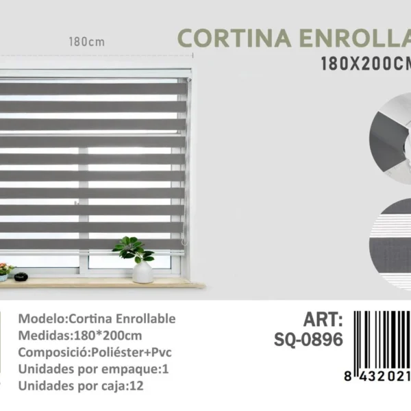 Cortina Roller Duo Lisa 180cm x 200cm Color Gris SQ-0896 - Angeles del Hogar Chile