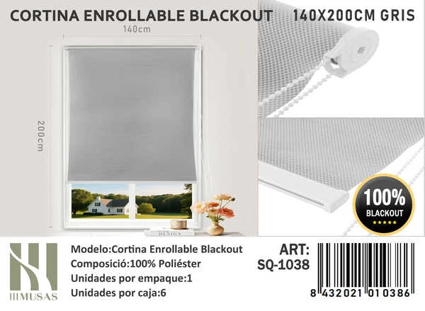 Cortinas Roller Blackout 140cm x 200cm Gris SQ-1038 - Angeles del Hogar Chile