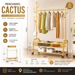 Perchero Metalico 60 Kilos  Diseño Cactus Con Ruedas Y Canasto - Imagen 2