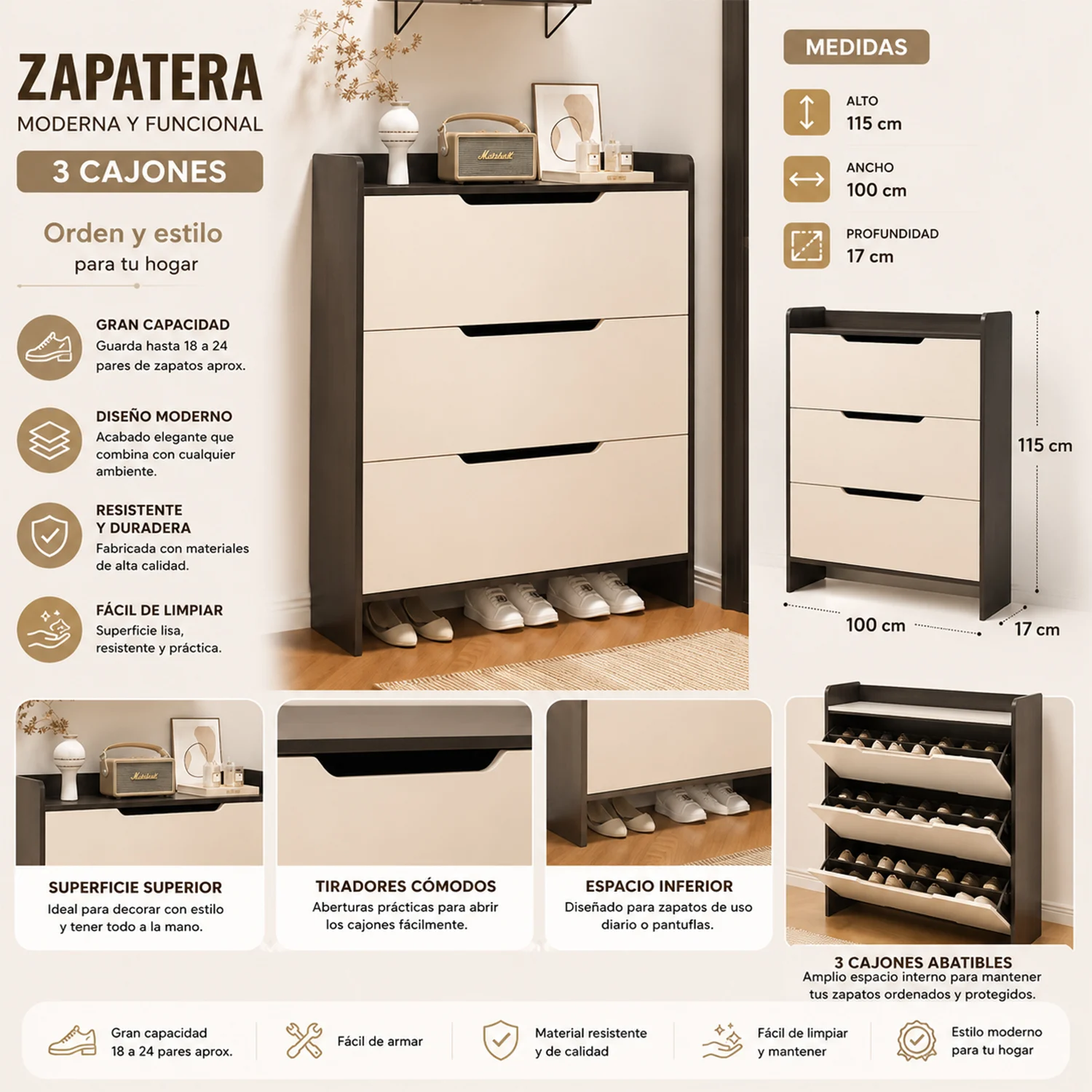 5-1 Zapatero Organizador Estante Armario 115Alto x 100 x 17cm Blanco gris - Imagen 1