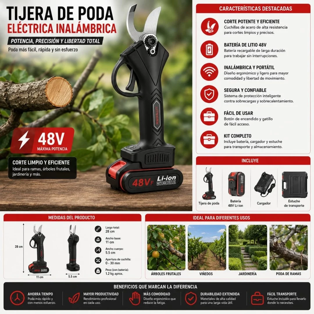 9e1bec12-3d84-4af2-bd83-73bd40dc4789 Tijera Podadora Electrica Inalambrico +2 Baterias en Color Negro - Imagen 1