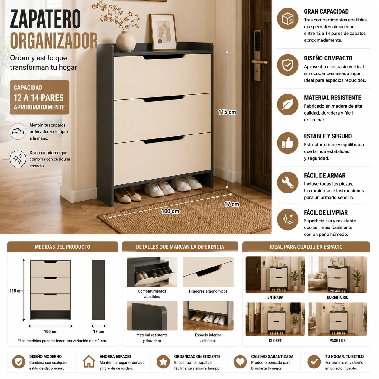 ChatGPT Image 26 jul 2026, 03_02_13 p.m. Zapatero Organizador Estante Armario 115Alto x 100 x 17cm Blanco gris - Imagen 1