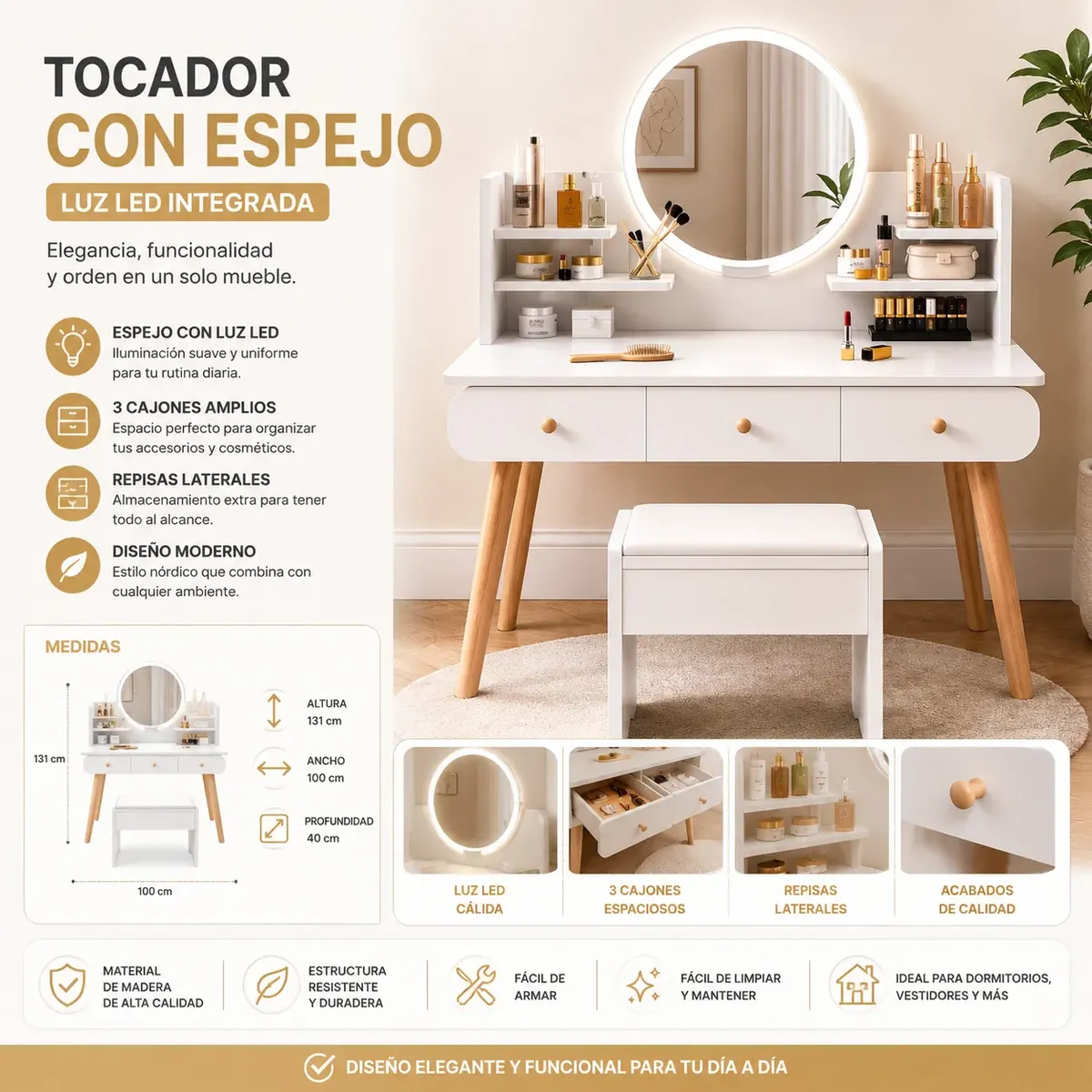 D_NQ_NP_2X_892954-MLC112383883287_052026-F Tocador Cómoda Blanco Con Espejo Luz Led - Imagen 1