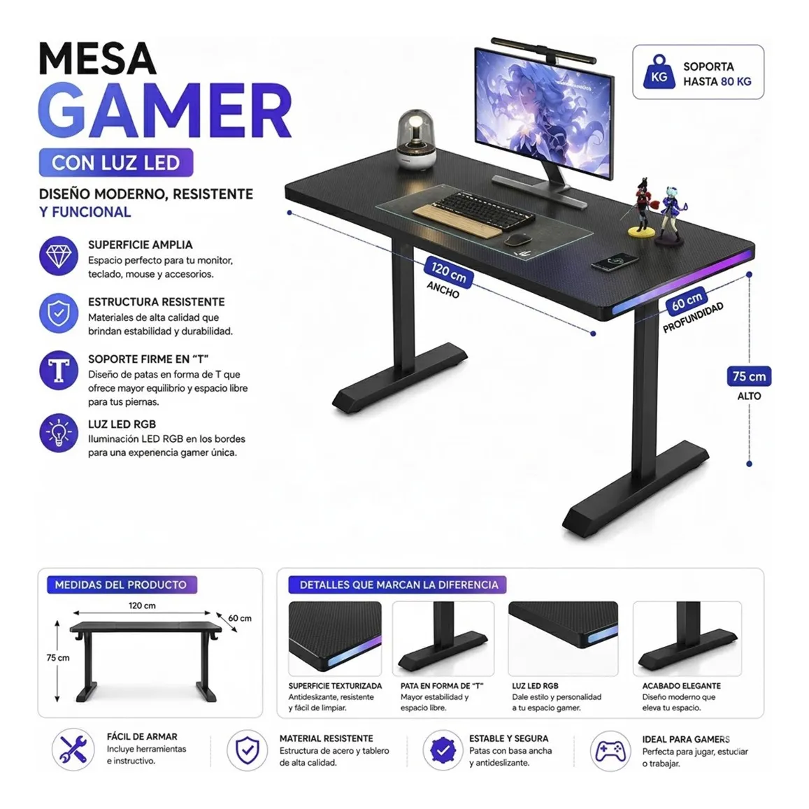 D_NQ_NP_2X_929401-MLC112369701098_062026-F (2) Escritorio Gamer 120cm, Luz Rgb, Color Negro, Patas En T - Imagen 1