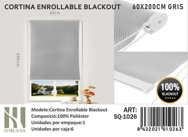 Cortinas Roller Blackout 60cm x 200cm Gris SQ-1026 - Angeles del Hogar Chile