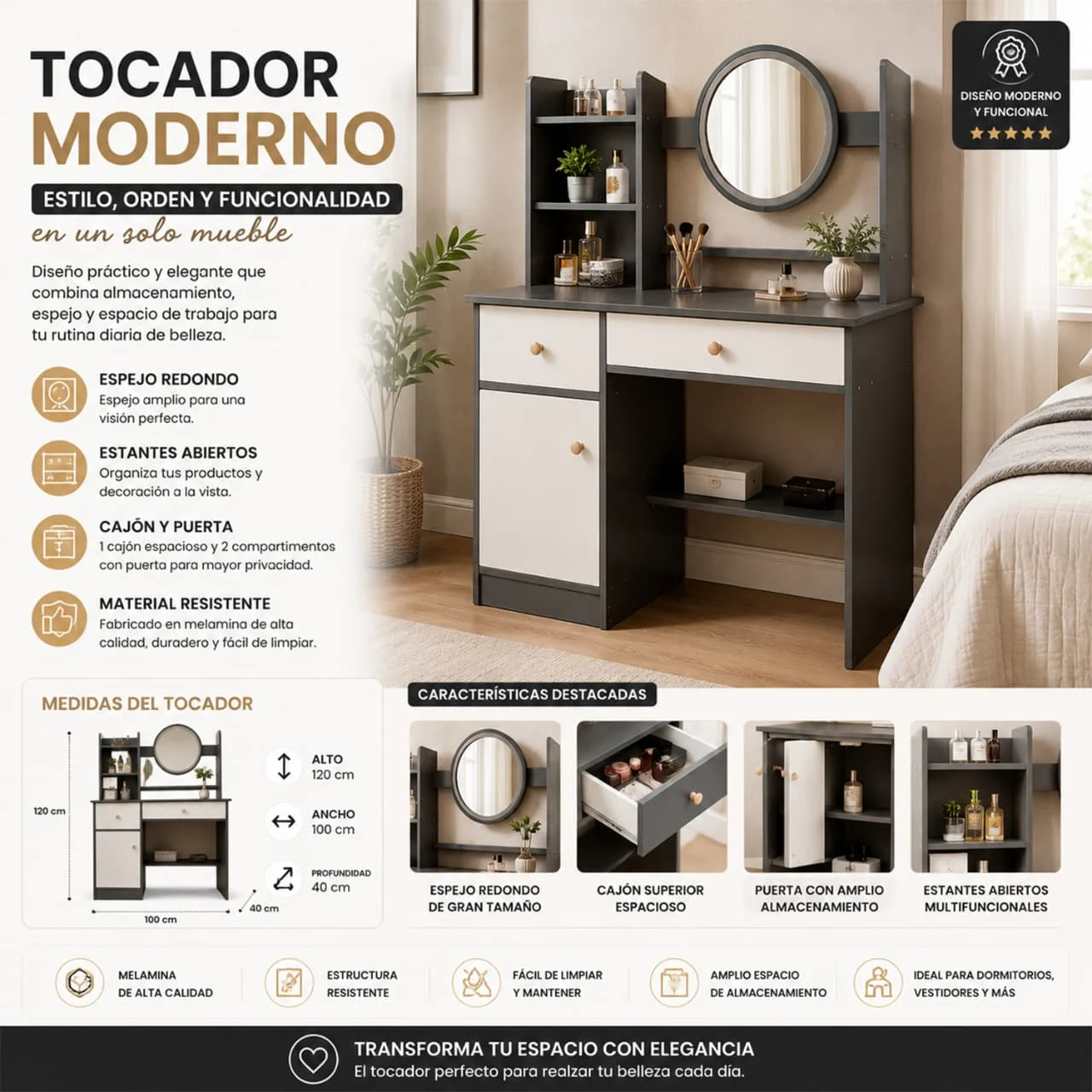 WhatsApp Image 2026-05-28 at 13.49.41 (4) Comoda Tocador Moderno Gris con Espejo Luz Led 3 Ajustes de Brillo - Imagen 1