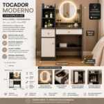 Comoda Tocador Moderno Gris con Espejo Luz Led 3 Ajustes de Brillo - Imagen 3
