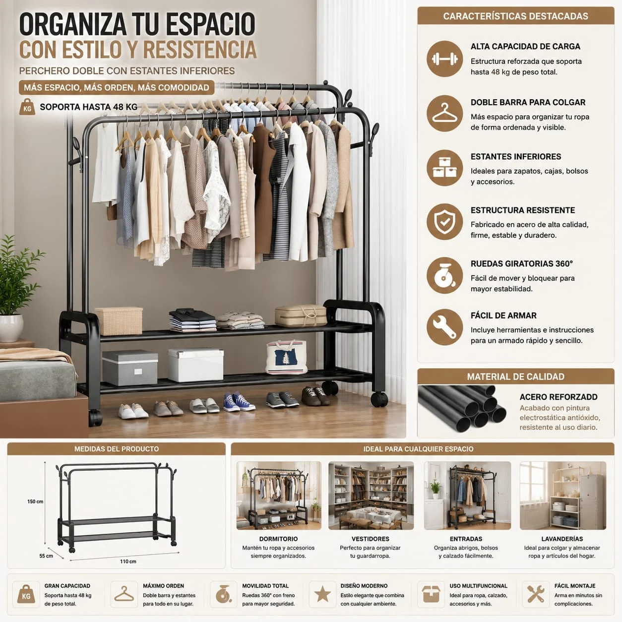 WhatsApp Image 2026-07-09 at 17.19.05 Perchero Metalico 48 kilos Doble Barra Closet Exhibicion Color Negro - Imagen 1
