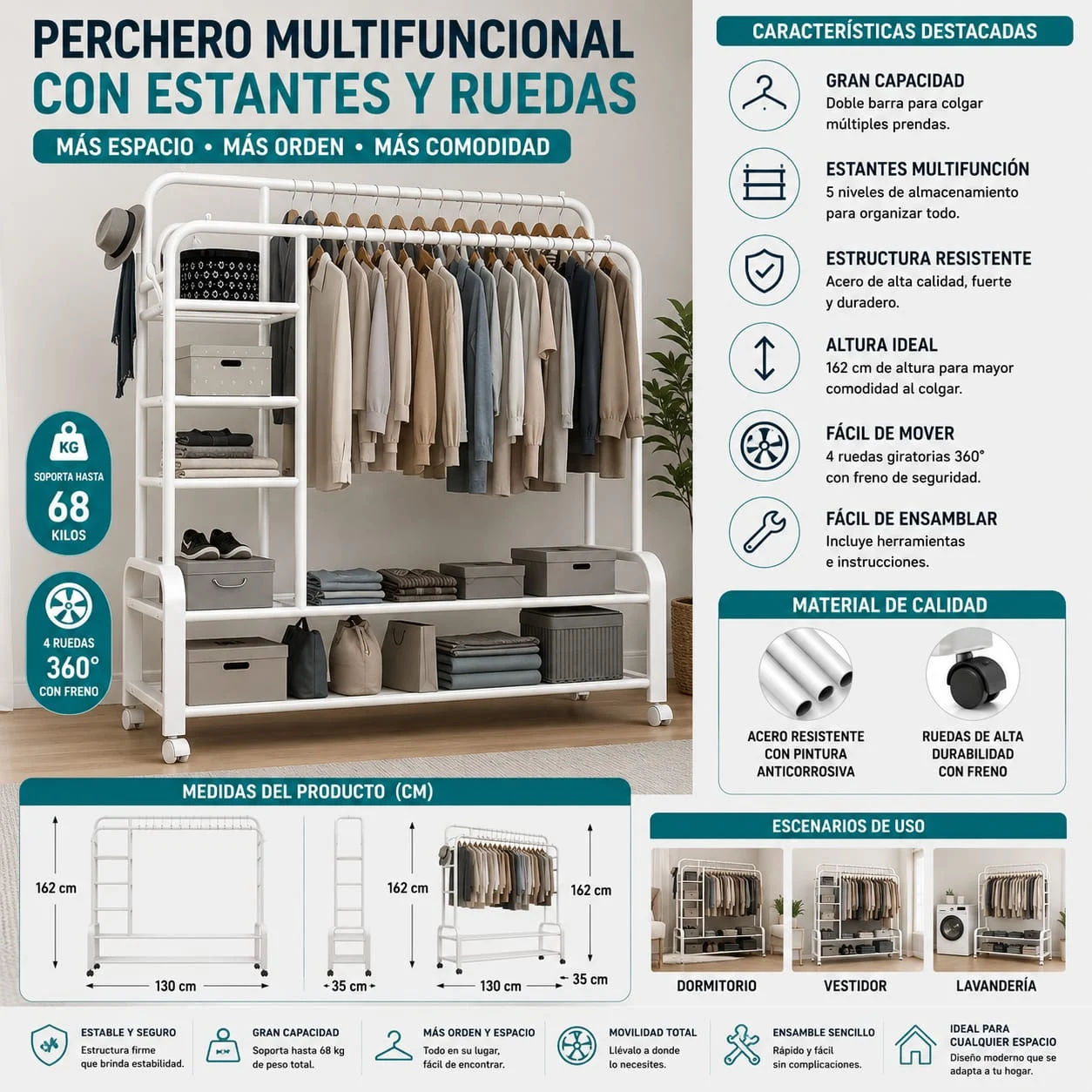 WhatsApp Image 2026-07-09 at 17.19.07 (4) Perchero Metalico 68 kilos Doble Barra Closet Exhibicion Color Blanco - Imagen 1