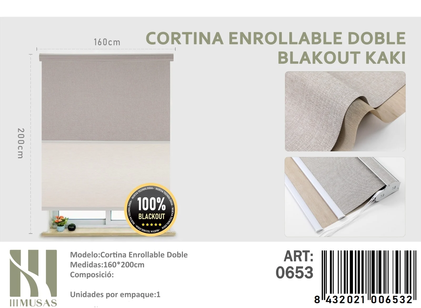 cortina roller Blackout Doble Kaki Jaspeada 160×200 cm Cortinas Roller Blackout Doble Jaspeada 160cm x 200cm Kaki 0653 - Angeles del Hogar Chile