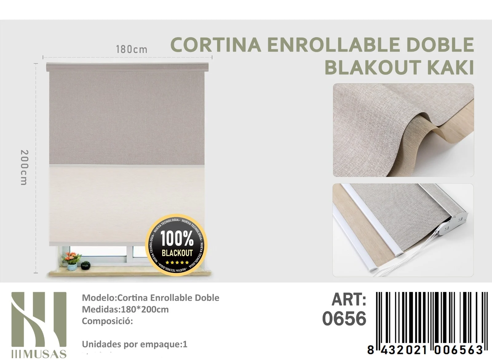 cortina roller Blackout Doble Kaki Jaspeada 180×200 cm Cortinas Roller Blackout Doble Jaspeada 180cm x 200cm Kaki 0656 - Angeles del Hogar Chile