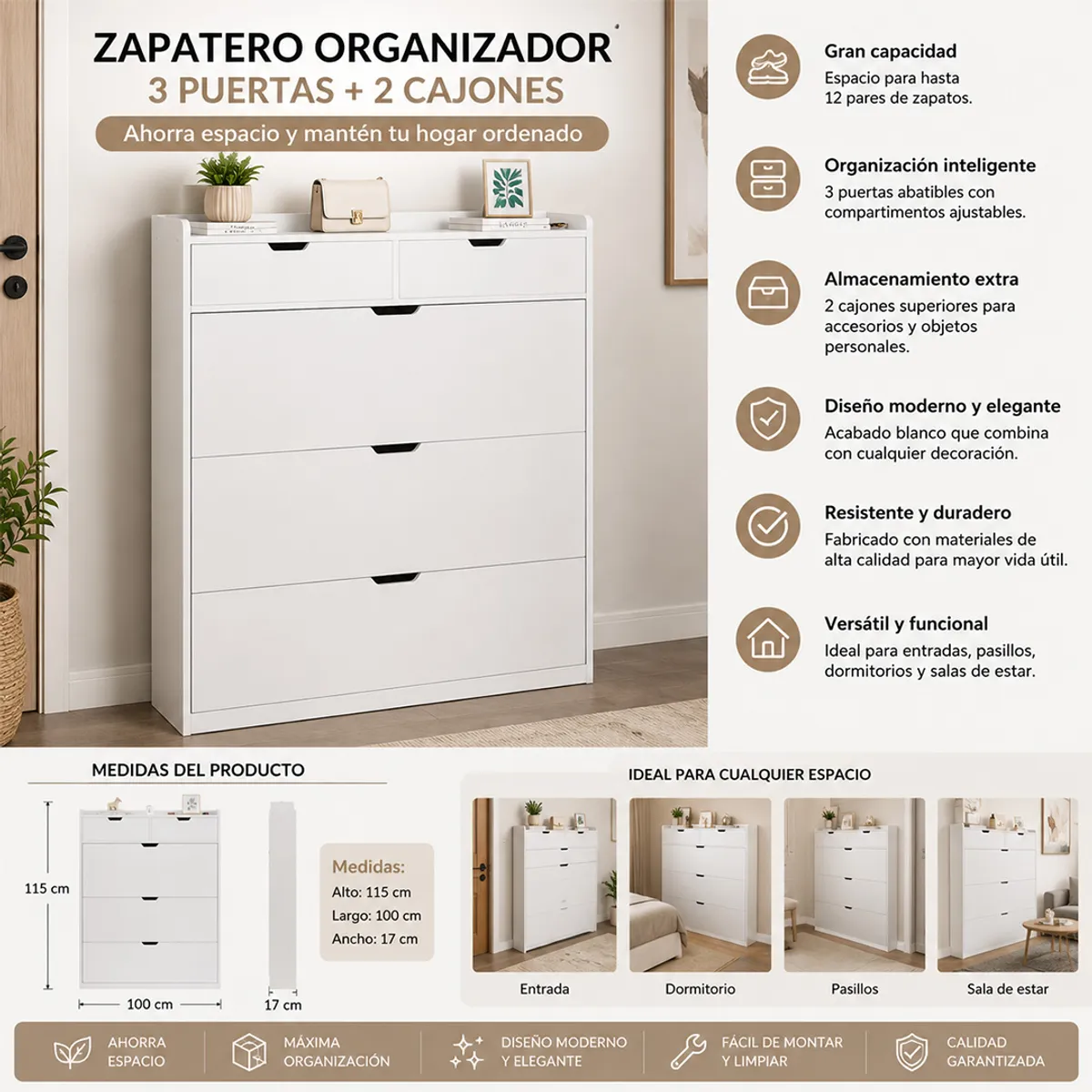 w=1200,h=1200,fit=pad (11) Zapatero Organizador con 3 Puertas y 2 Cajones Color Blanco - Imagen 1