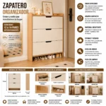 Zapatero Organizador Estante Armario 115Alto x 100 x 17cm Blanco beige - Imagen 3
