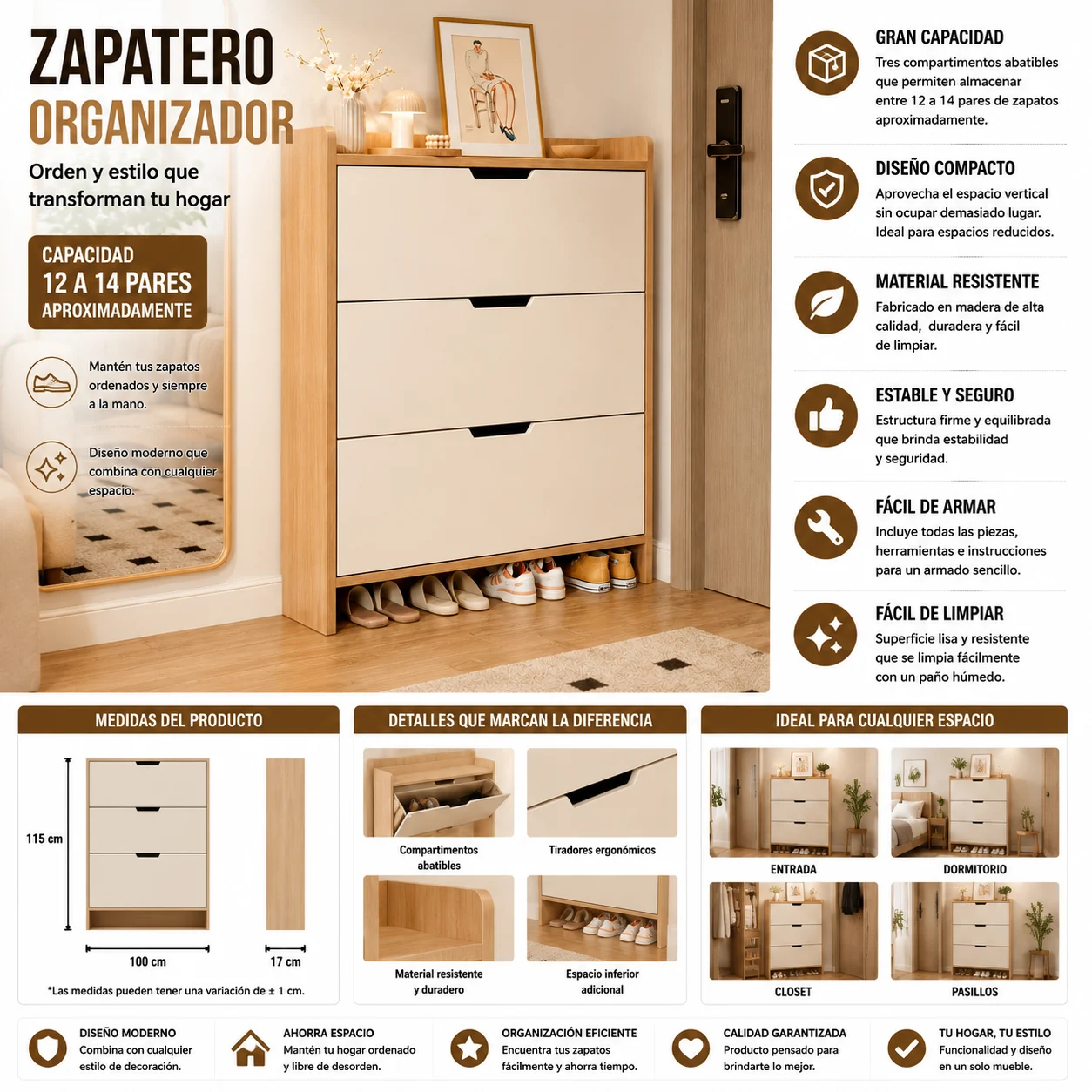 ChatGPT Image 26 jul 2026, 03_00_46 p.m. Zapatero Organizador Estante Armario 115Alto x 100 x 17cm Blanco beige - Imagen 1