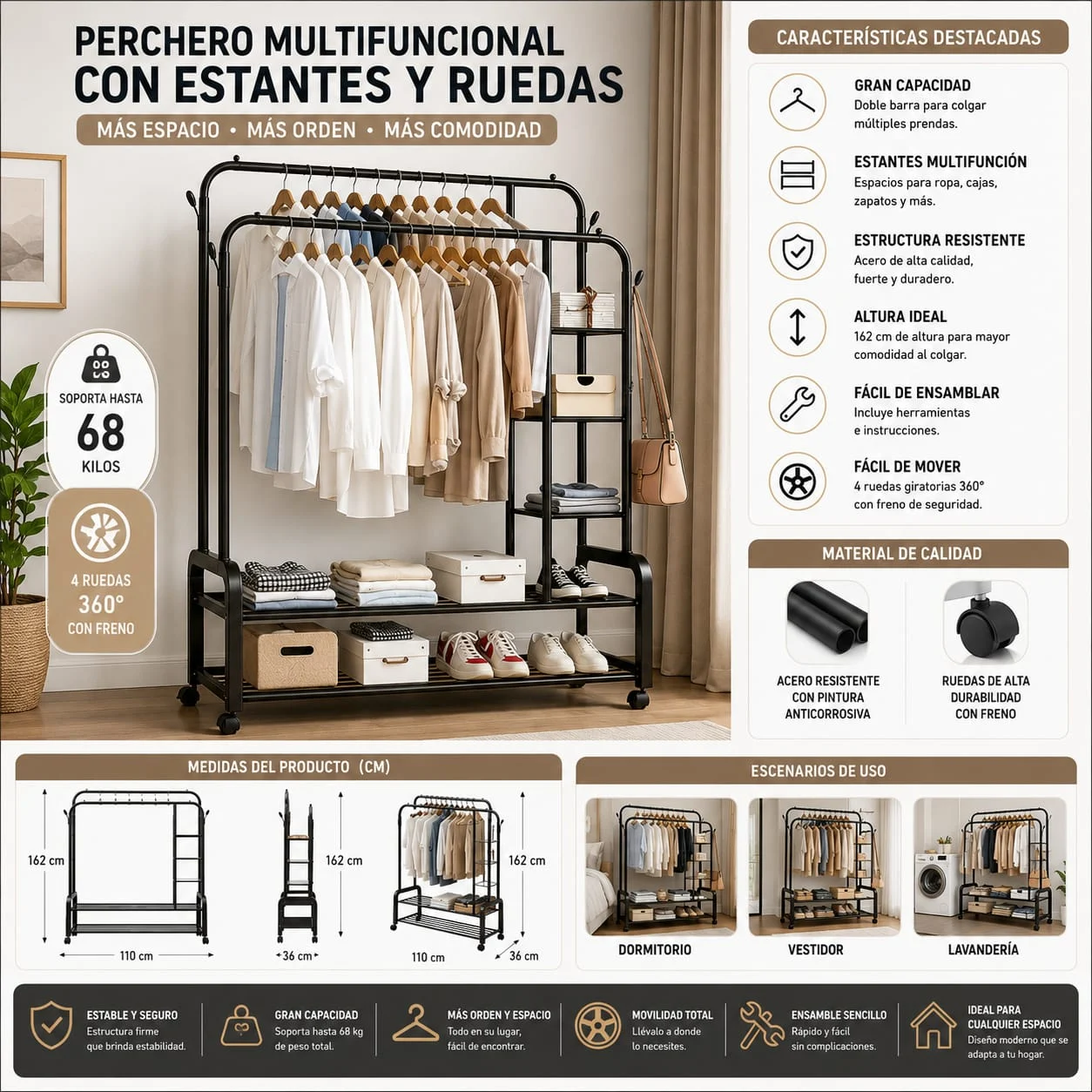 WhatsApp Image 2026-07-09 at 17.19.07 (2) Perchero Metalico 68 kilos Doble Barra Closet Exhibicion - Imagen 1