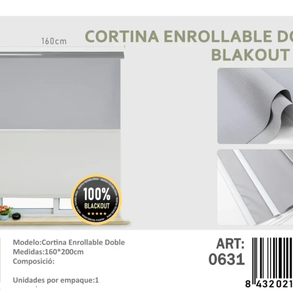 Cortinas Roller Blackout Doble 160cm x 200cm Gris 0631 - Angeles del Hogar Chile
