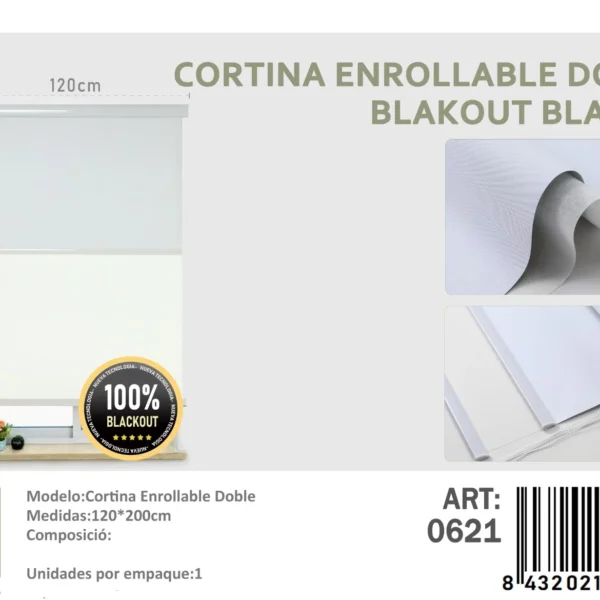 Cortinas Roller Blackout Doble 120cm x 200cm Blanco 0621 - Angeles del Hogar Chile