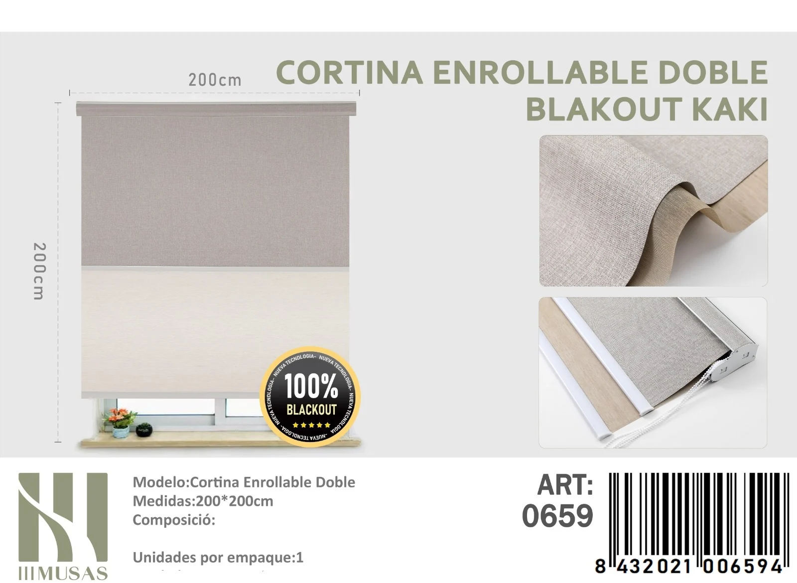 cortina roller Blackout Doble Kaki jaspeados 200×200 cm Cortinas Roller Blackout Doble Jaspeada 200cm x 200cm Kaki 0659 - Angeles del Hogar Chile