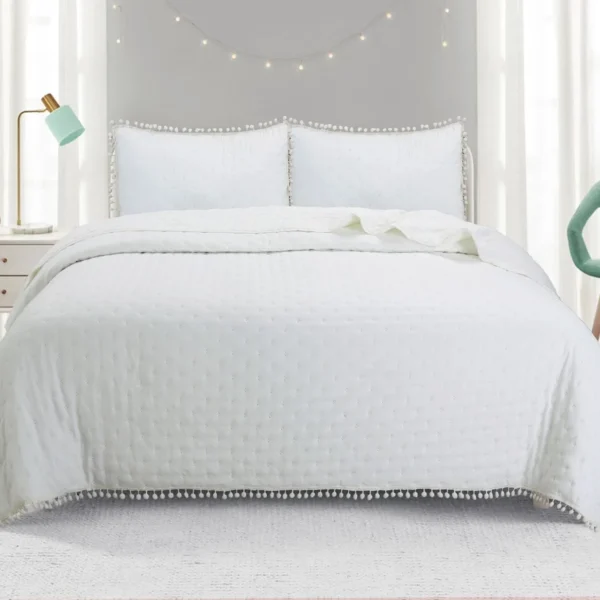 Cobertor de Verano 100% Algodón con Pompón Blanco