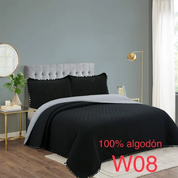 Cobertor de Verano 100% Algodón con Pompón Negro