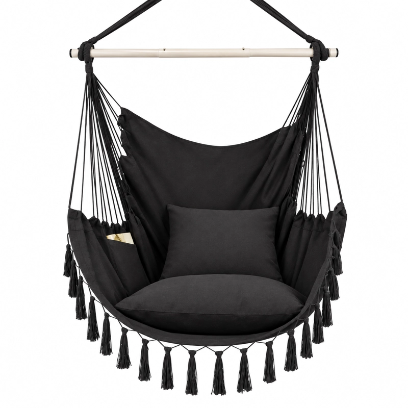 full_image-1 – 2026-10-27T160943.178 Silla Hamaca Colgante con pompones resistente en color Negro - Imagen 1