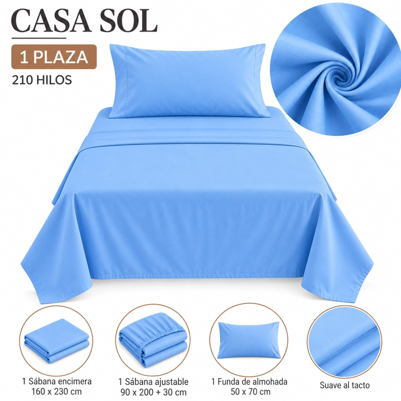 imagen2-5 (1) Set de Sábanas 1 Plaza + 1 Funda de Almohada Color azul claro - Imagen 1
