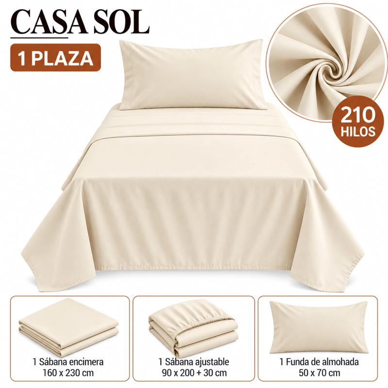 imagen2-7 (1) Set de Sábanas 1 Plaza + 1 Funda de Almohada Color Crema - Imagen 1