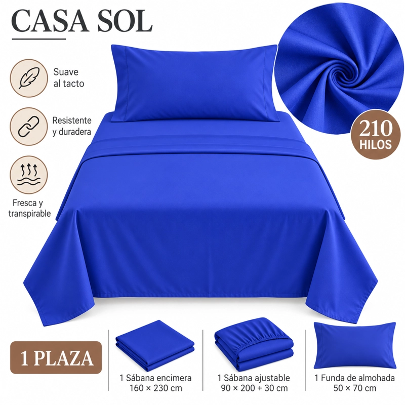 imagen2-9 Set de Sábanas 1 Plaza + 1 Funda de Almohada Color azul eléctrico - Imagen 1